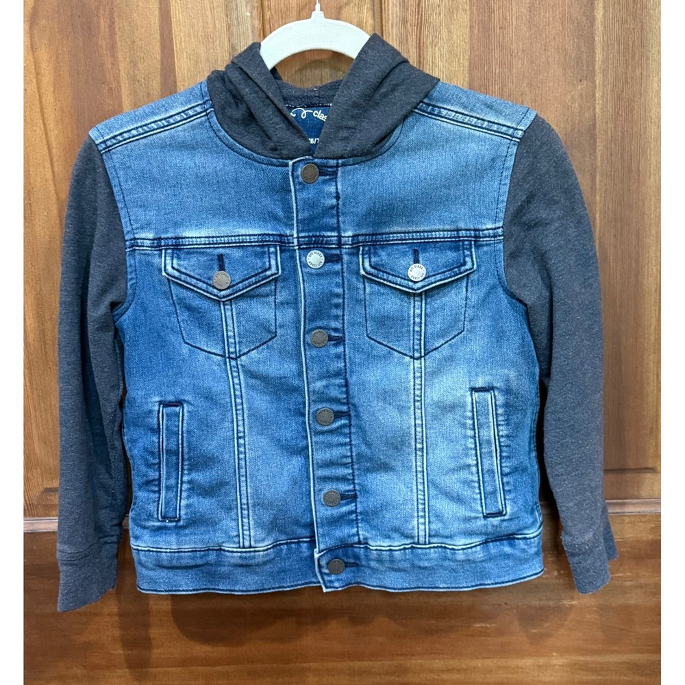Art Class Boys Hooded Denim Jacket Blue Gray Mixed Media Trucker S 6/7 RN17730